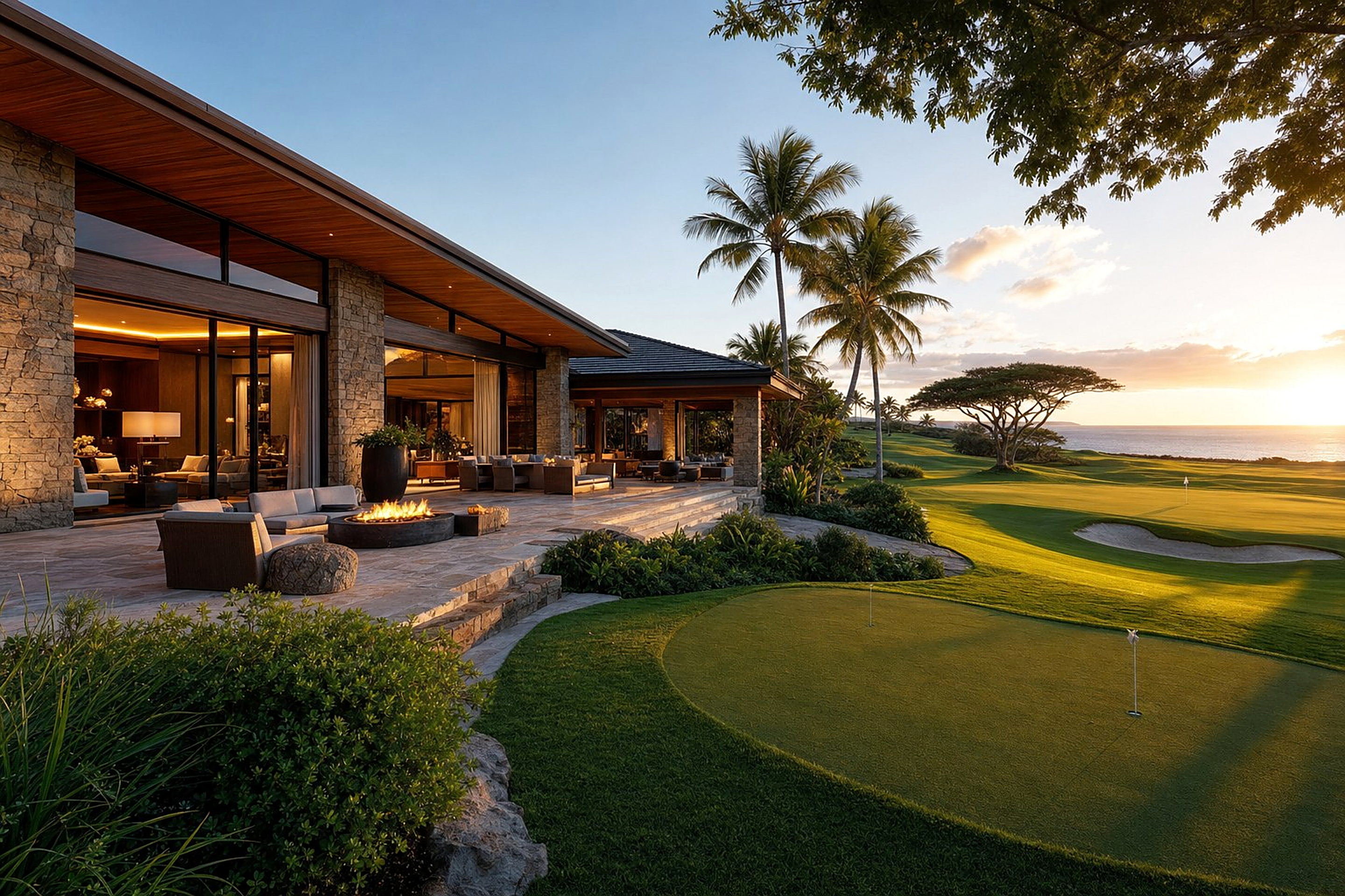 A BluDoor estate on a golf course at golden hour
