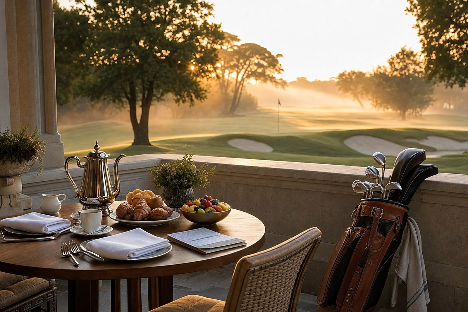 Breakfast terrace overlooking a misted fairway at sunrise